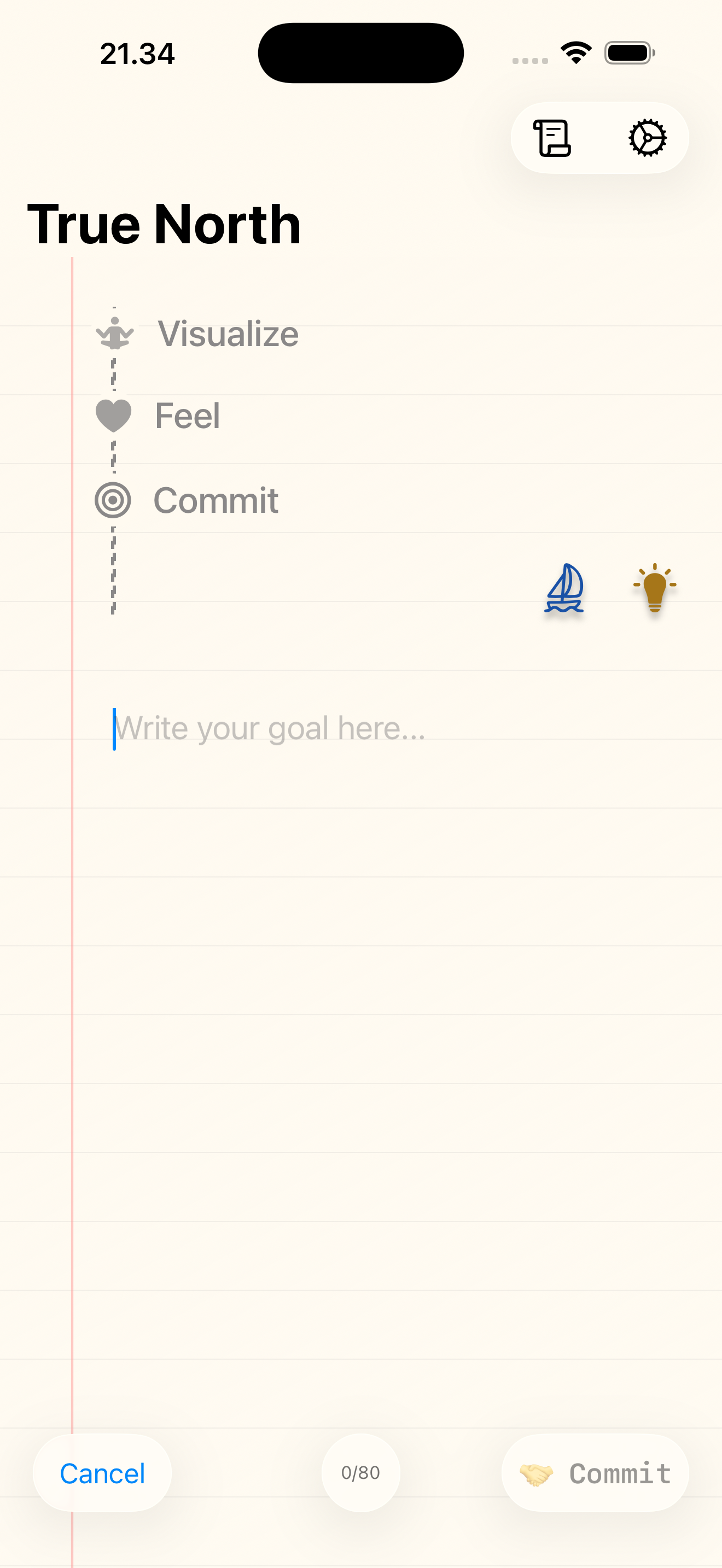 Vision Note app — goal input screen